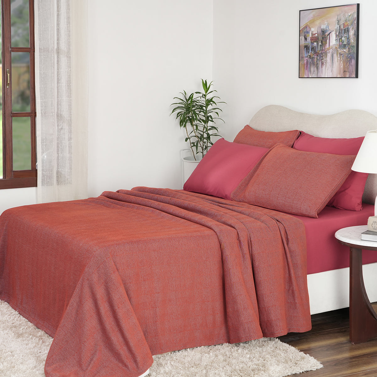 Caroline Woven Herringbone Pattern with Soft Drape Style Red Bed Cover Blanket