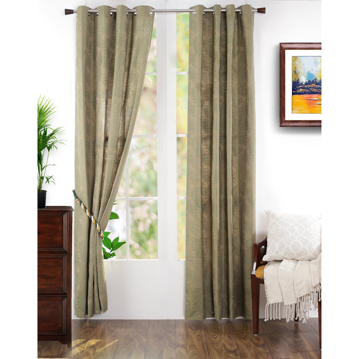 Cacti Spine J/Q Woven Yard Dyed Green Curtain Set