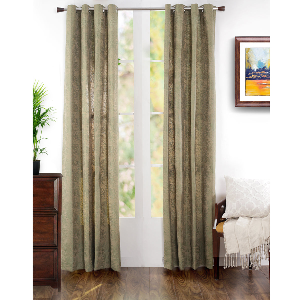 Cacti Spine J/Q Woven Yard Dyed Green Curtain Set