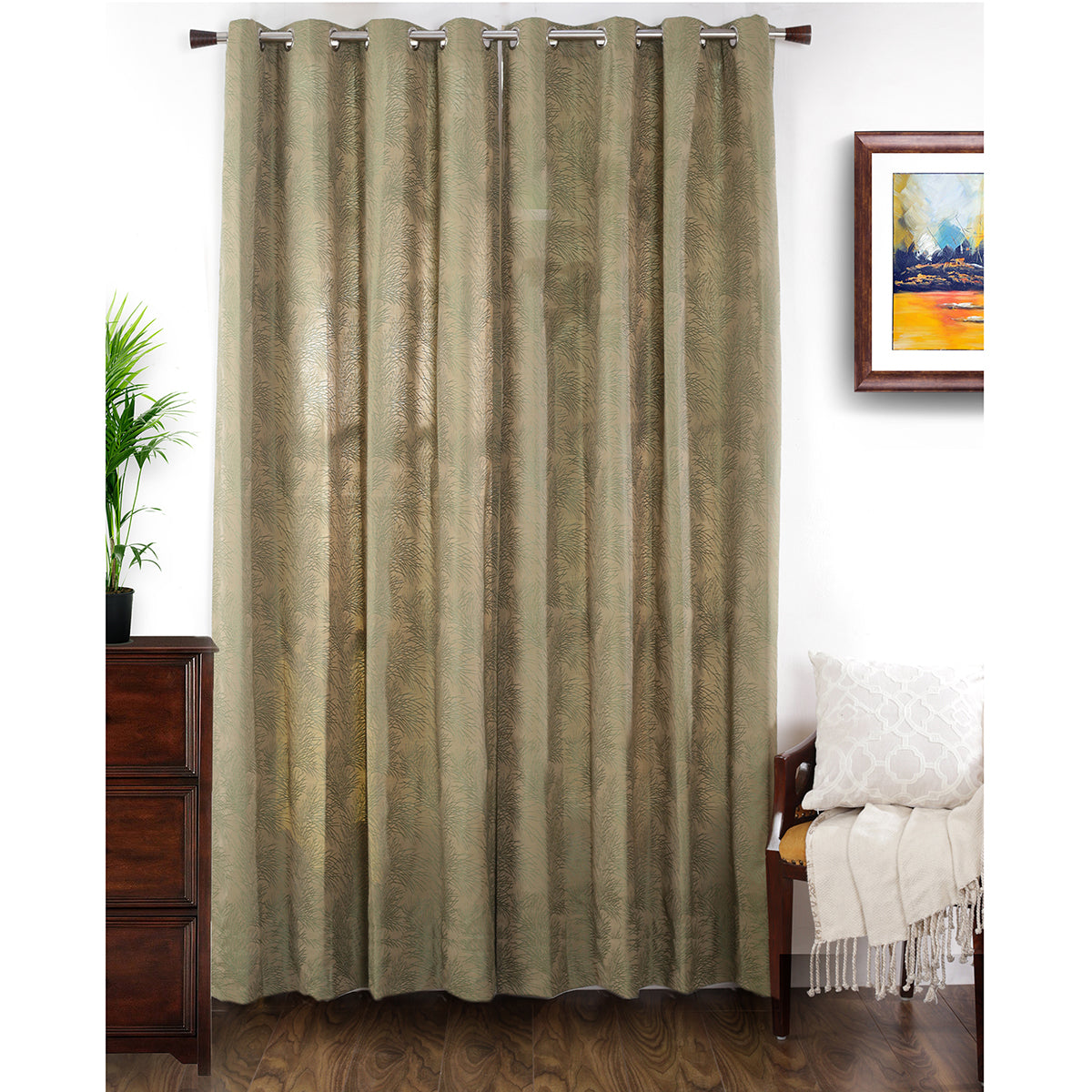 Cacti Spine J/Q Woven Yard Dyed Green Curtain Set