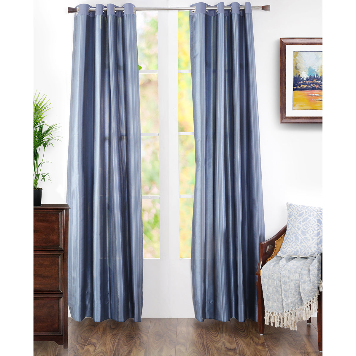 Duo Stripe Woven Yard Dyed Blue Curtain Set