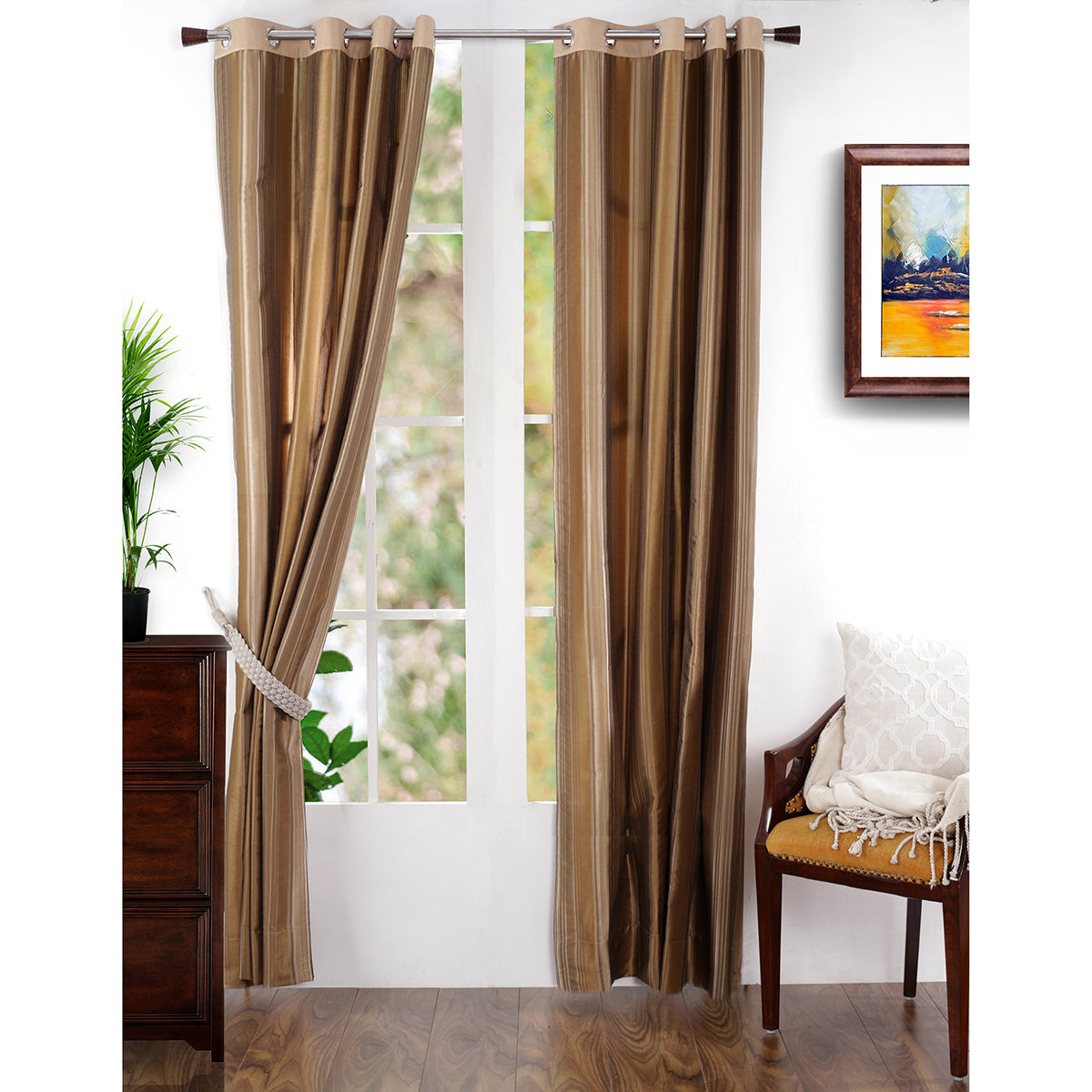 Duo Stripe Woven Yard Dyed Gold Curtain Set