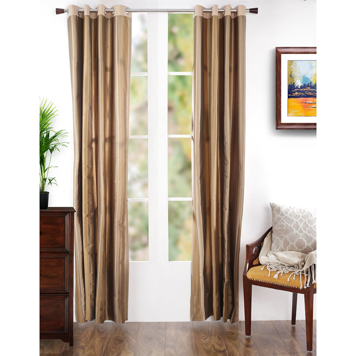 Duo Stripe Woven Yard Dyed Gold Curtain Set