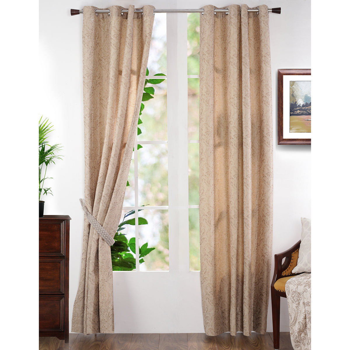 Paradise Damask Jacquard Neutral Curtain Set