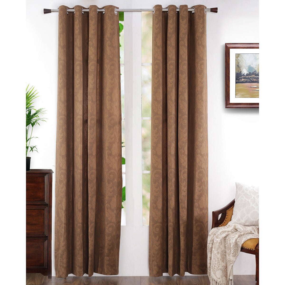 Spotted Damask Jacquard Brown Curtain Set