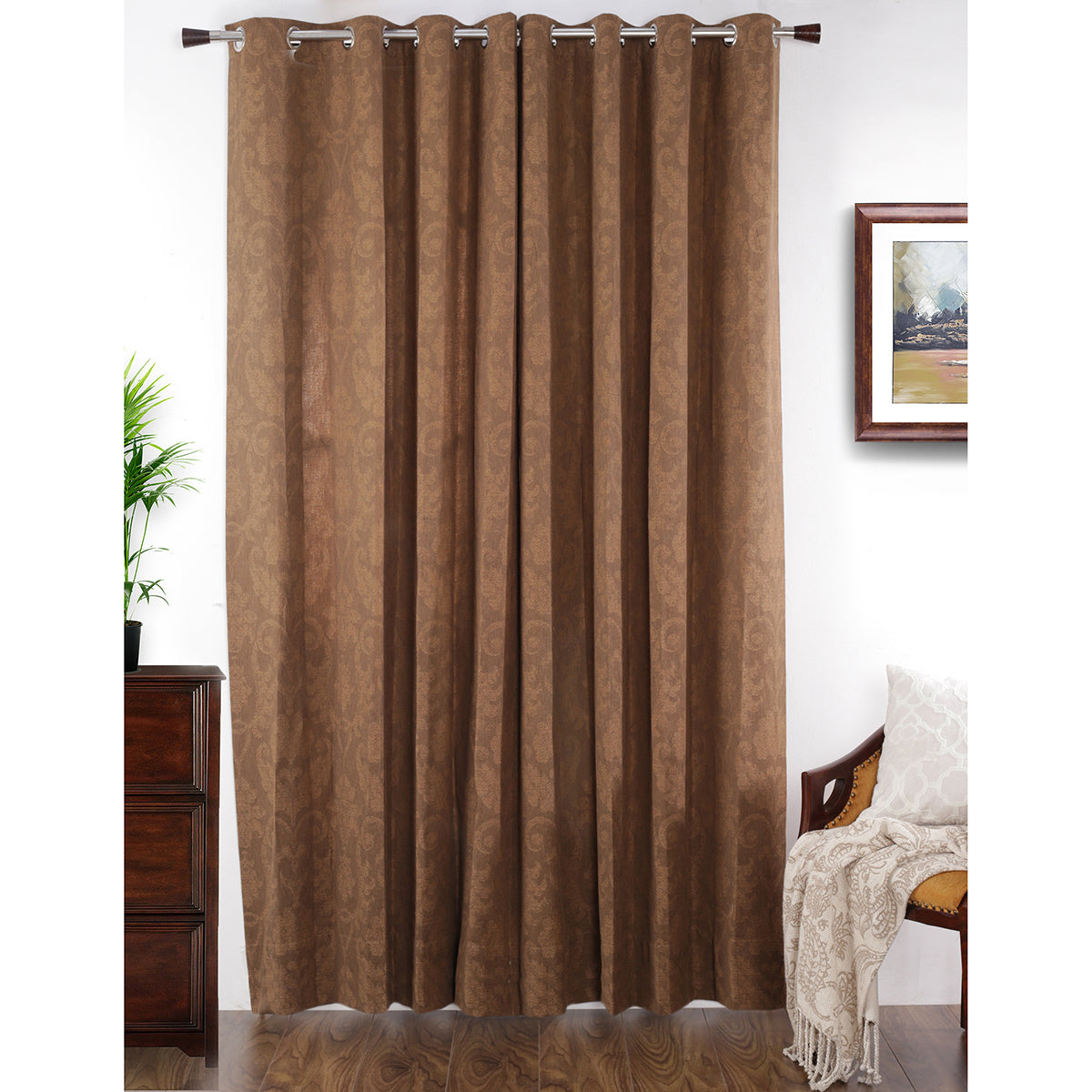 Spotted Damask Jacquard Brown Curtain Set