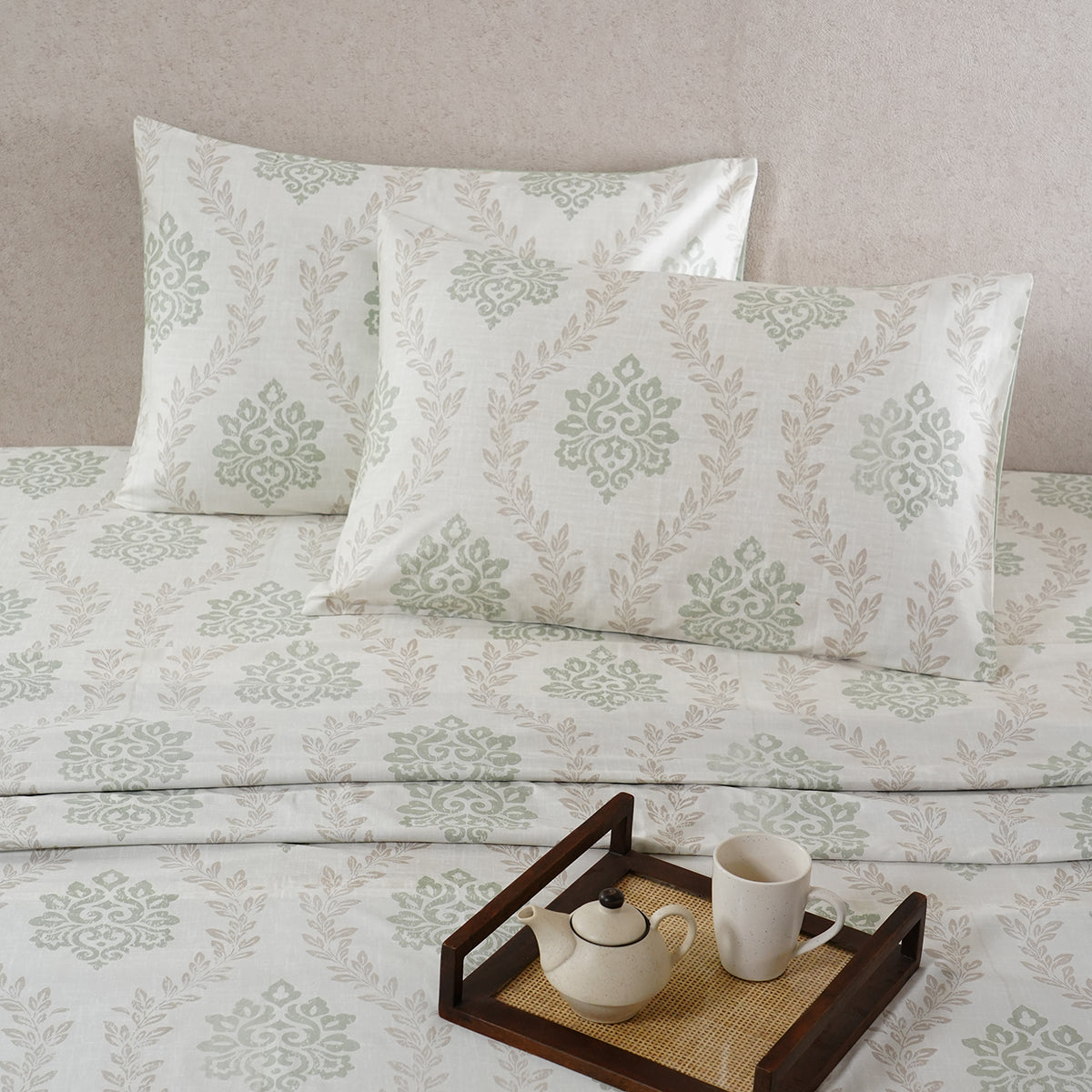 Tranquil Essence Lawn Leaflet 100% Cotton Printed Green Bed Sheet With Pillow Case