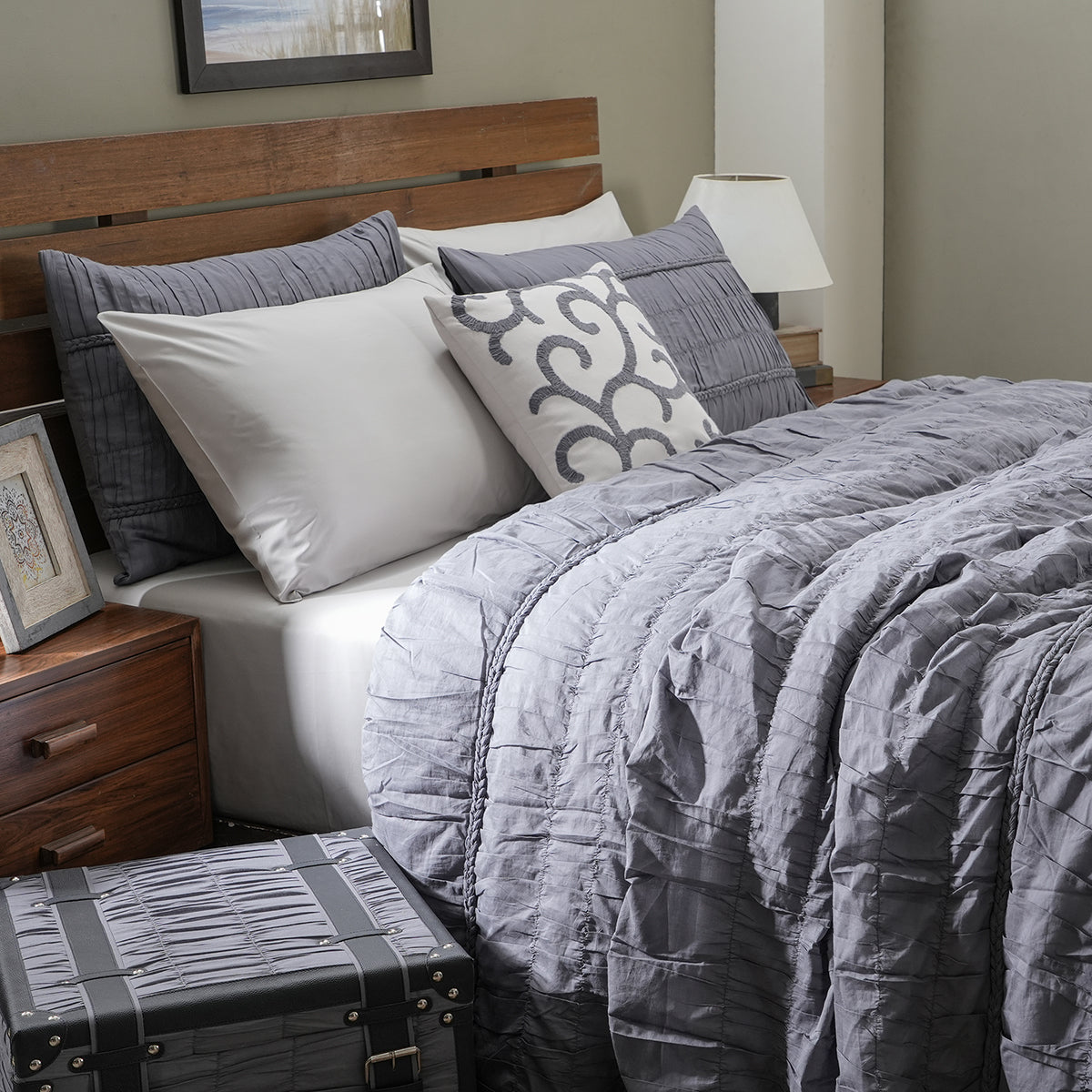 9PC Quilt/Quilted Bed Cover Set Rurban Rhupsodic Uneasy Lines Grey