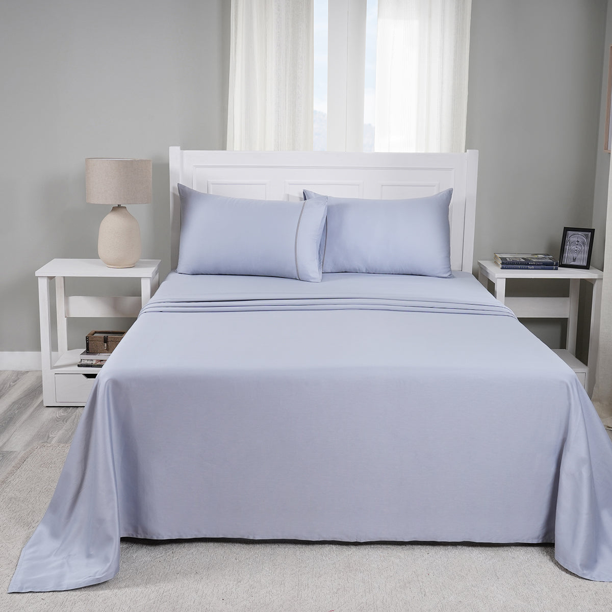 Viola 100%Cotton Solid Blue Bed Sheet With Pillow Case