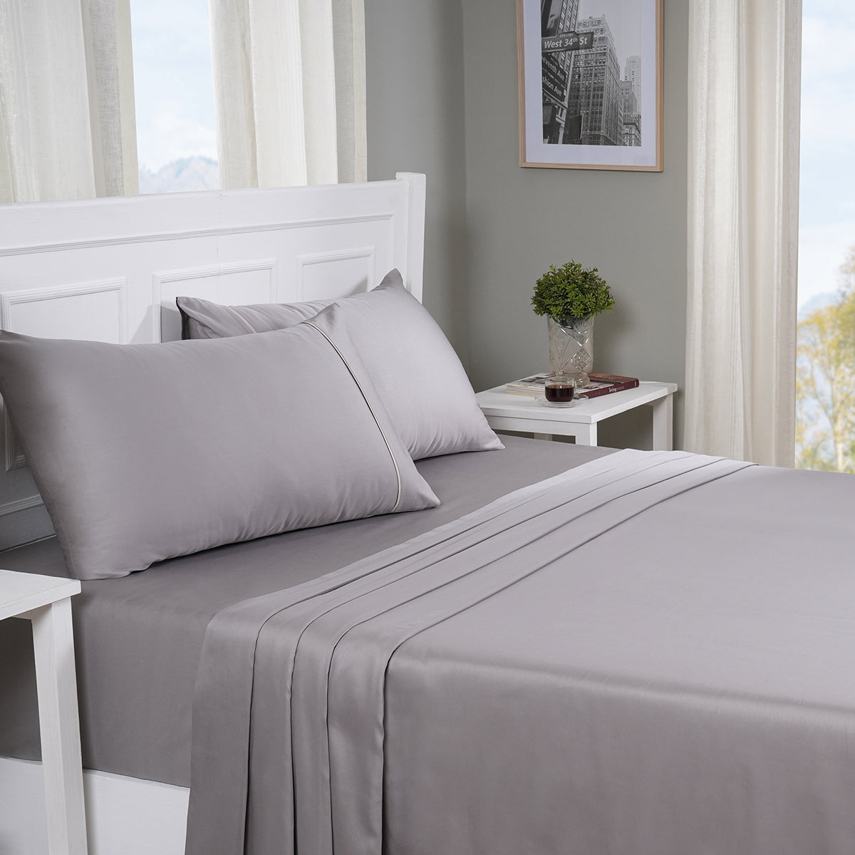 Viola 100%Cotton Solid Grey Bed Sheet With Pillow Case