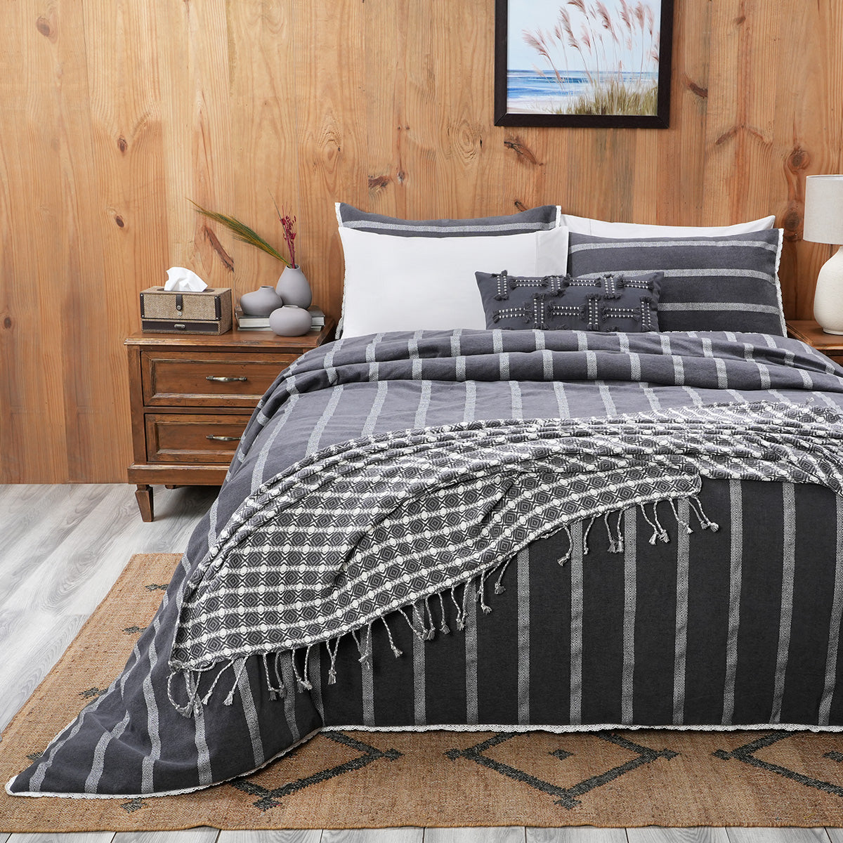 9PC Quilt/Quilted Bed Cover Set Rurban Opulence Akin Weave Grey