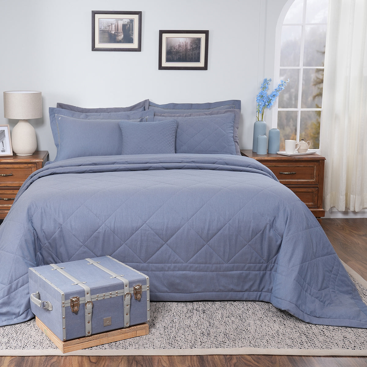 8Pc Emmie 100% Cotton Yarn Dyed Melange Classic Blue Quilt Set