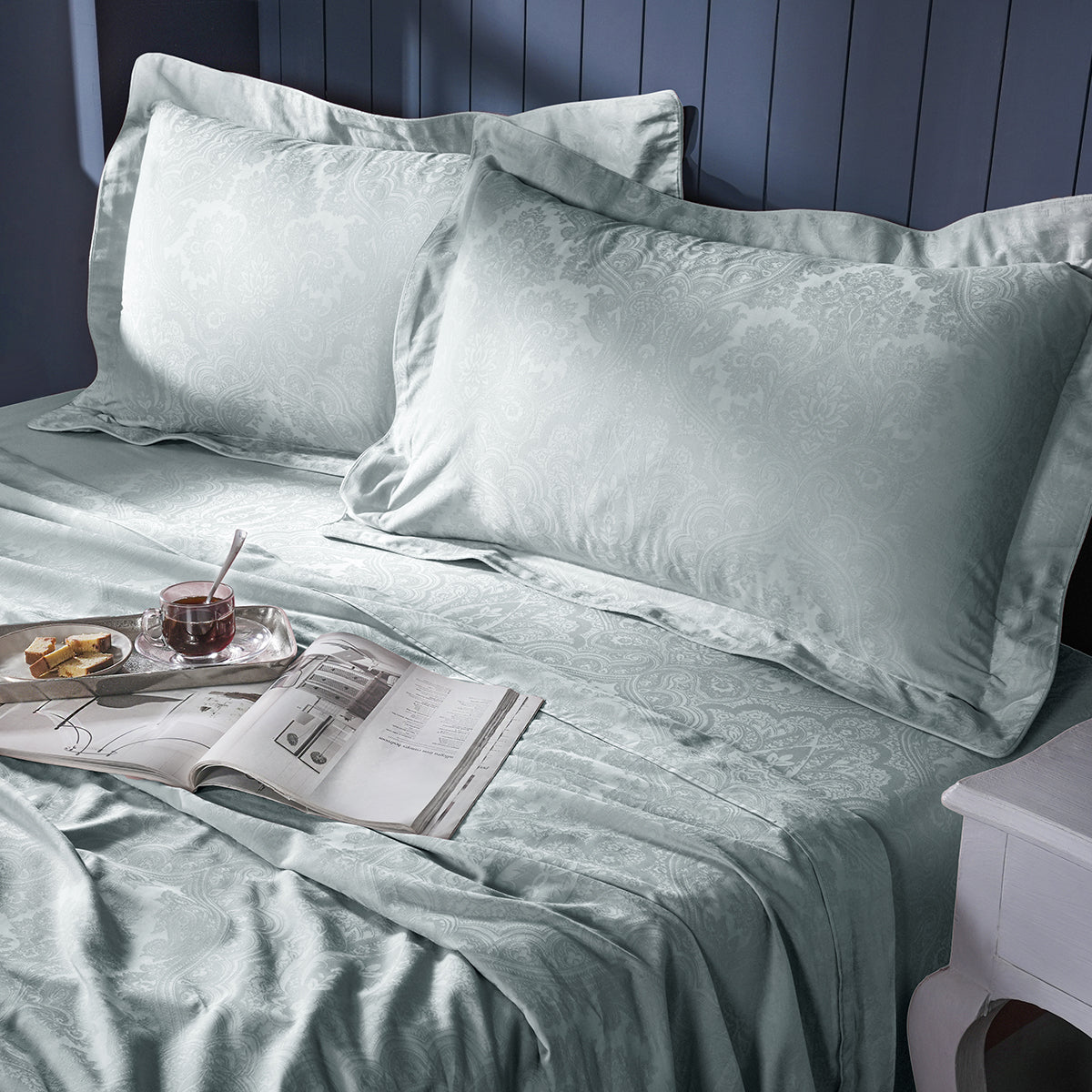 Evander Self Jacquard Blue Bed Sheet with Pillow Case