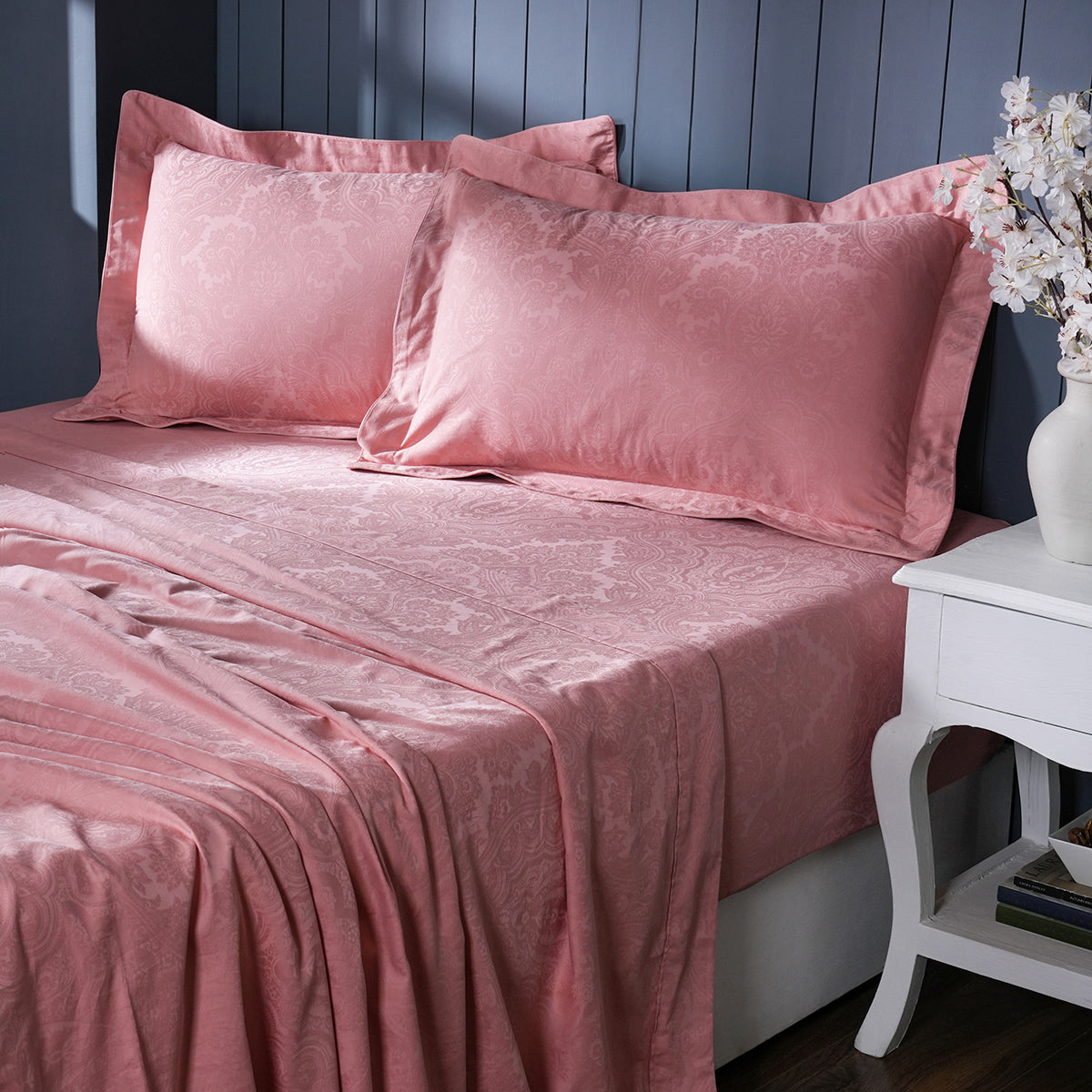 Evander Self Jacquard Pink Bed Sheet with Pillow Case