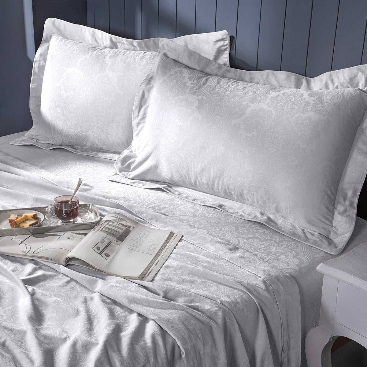 Evander Self Jacquard White Bed Sheet with Pillow Case