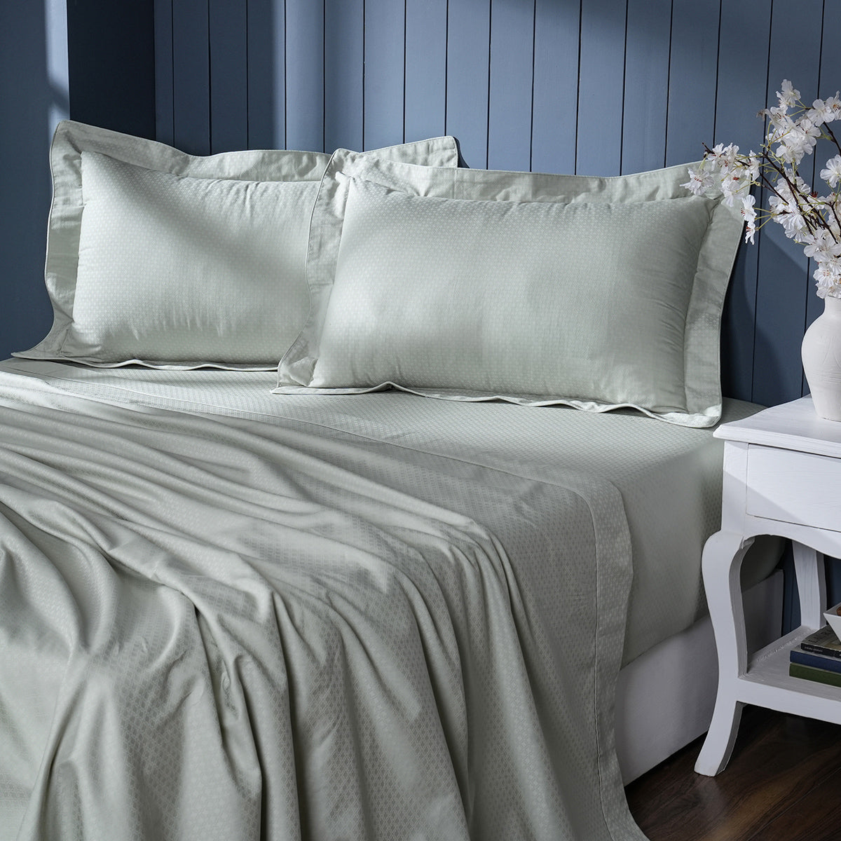 Isadora Self Jacquard Blue Bed Sheet with Pillow Case