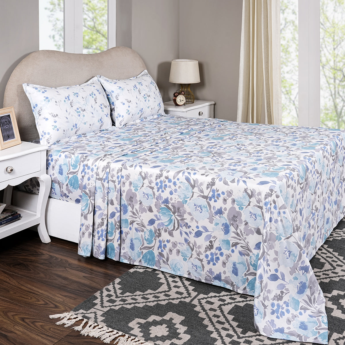 Sensory Bloom Florencia 100% Cotton Blue Bed Sheet with Pillow Case