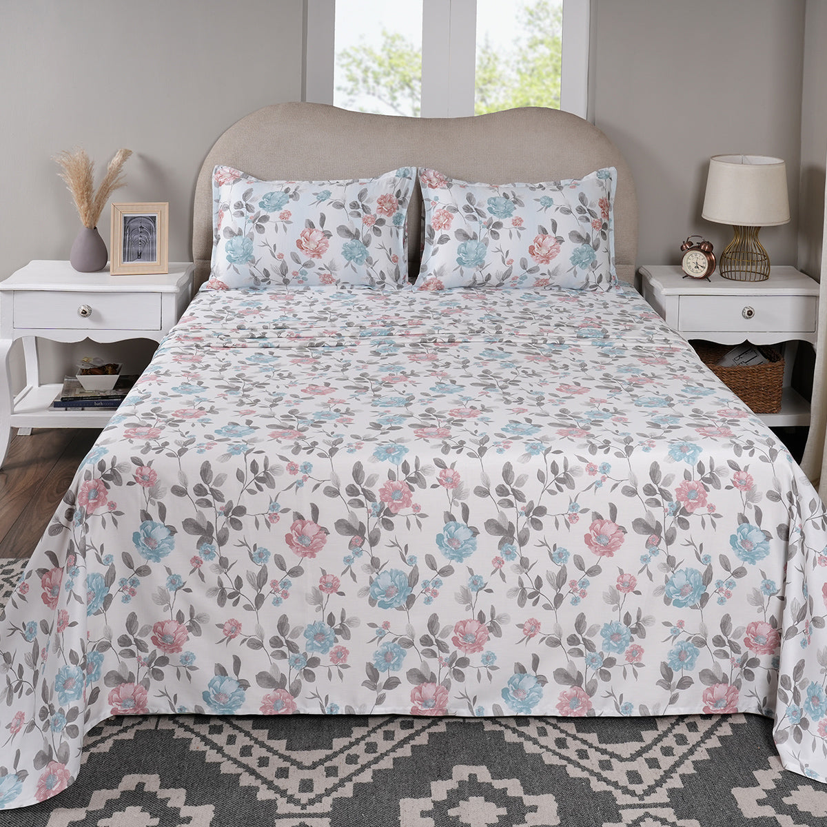 Sensory Bloom Blossom Meadow 100% Cotton Blue Bed Sheet with Pillow Case