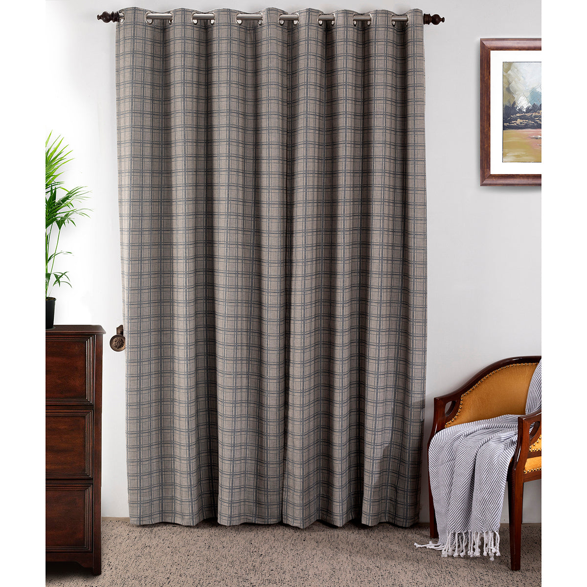 Bliss Check Jaccard 2PC Blue Curtain Set